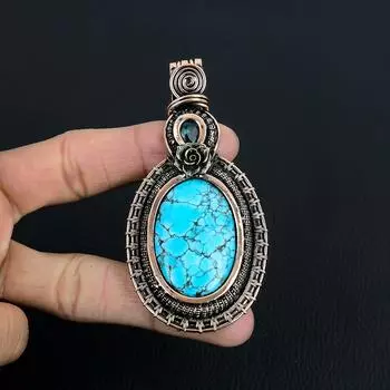 Драгоценный камень с бирюзой, подвеска ручной работы из чистой медной проволоки, обернутая замечательным ювелирным изделием 3.35 Inches синий