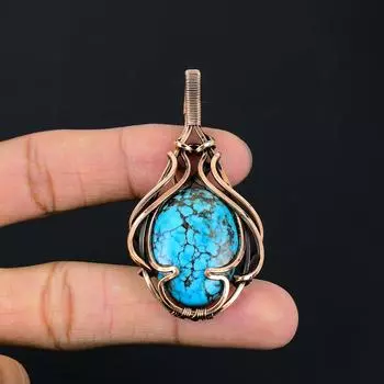 Драгоценный камень с бирюзой, подвеска ручной работы из чистой медной проволоки, обернутая замечательным ювелирным изделием 2.36 Inches синий