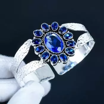 Драгоценный камень Синий Сапфир Браслет-манжета ручной работы Браслет-манжета из стерлингового серебра 925 пробы, Браслет в форме цветка Синего Сапфира для жены, Унисекс браслет, Подарок 7 синий