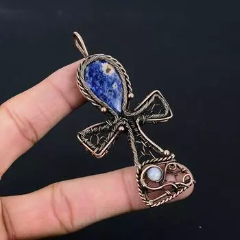 Драгоценный камень содалит, чистая медная проволока, обернутая вручную подвеска Анк, ювелирные изделия