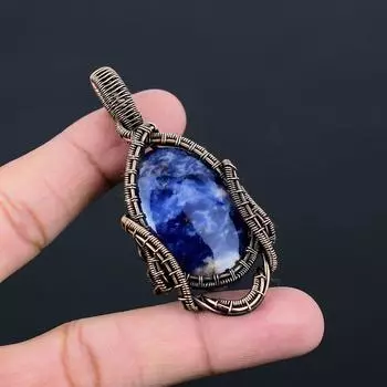 Драгоценный камень содалит, чистая медная проволока, обернутая подвеской ручной работы, ювелирное изделие, подарок для женщины 2.80 Inches синий