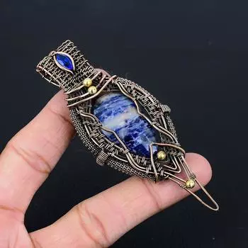 Драгоценный камень содалит, чистая медная проволока, обернутая подвеской ручной работы, ювелирное изделие, подарок 3.94 Inches синий