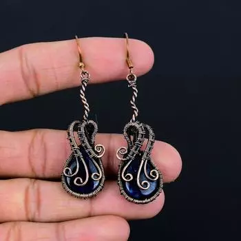 Драгоценный камень содалит, серьги ручной работы из чистой медной проволоки, ювелирные изделия на День Благодарения 2.86 Inches синий