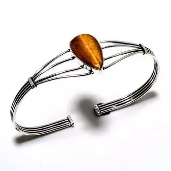 Драгоценный камень «Тигровый глаз» 925 пробы, посеребренный браслет-манжета ручной работы