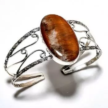 Драгоценный камень «Тигровый глаз» 925 пробы, посеребренный браслет-манжета ручной работы