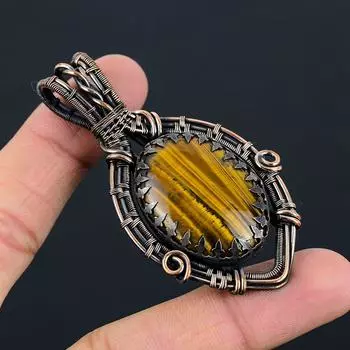Драгоценный камень тигровый глаз, чистая медная проволока, обернутая ювелирными изделиями ручной работы 2.76 Inches жёлтый