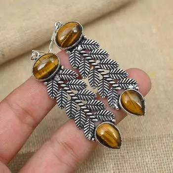 Драгоценный камень Тигровый глаз из стерлингового серебра 925 пробы, дизайнерские ювелирные серьги ручной работы, подарок для нее 2.95 Inches коричневый