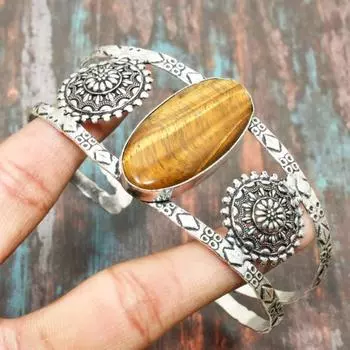 Драгоценный камень «Тигровый глаз» из стерлингового серебра 925 пробы, регулируемый ювелирный браслет ручной работы для подарка на День Благодарения Adjustable жёлтый