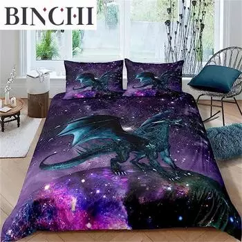 Dragon Purple Nebula Duvet Cover Mysterious Outer Space Comforter Cover Trippy Bedding Set For Kids Boys Girls Teens Room Decor EU single(135x200cm)