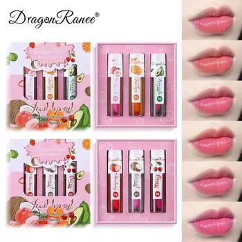 Dragon Ranee, теплое меняющееся масло для губ, увлажняющее, увлажняющее глазурь для губ, эссенция, масло для ухода за губами, три набора фруктов, три набора A-3PCS