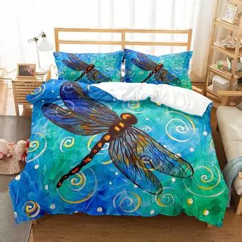 Dragonfly Duvet Cover Set Art Painting Animals Pattern King Queen Size Polyester Comforter Cover for Kids Boys Girls Bedding Set EU single(135x200cm)