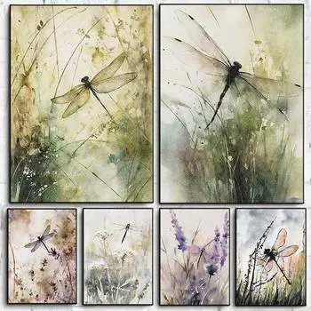 Dragonfly Watercolor Lavender Flowers Poster Green Botanical Purple Floral Insect Canvas Painting Wall Art for Room Home Decor 21cm30cm NoFrame