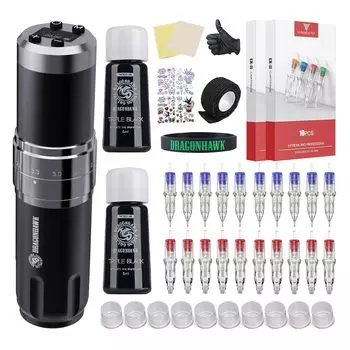 Dragonhawk Комплект беспроводного тату-пистолета - профессиональная роторная машинка с 7 ударами, длина 20 картриджей, иглы, черная тату-краска для начинающих