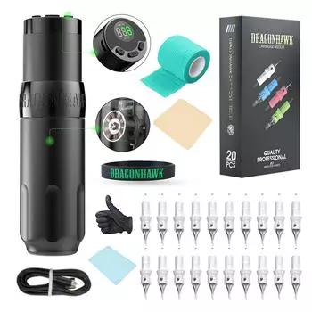 Dragonhawk X5 Бесщеточный двигатель с ходом 4,0 мм Беспроводная батарея Роторная машина для татуировки Комплект с набором картриджей для макияжа