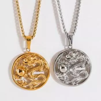 Дракон Мужская Хип-Хоп Iced Out Позолоченная Серебряная Подвеска Ожерелье Круглая Коробка Цепи золотой