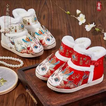 Дракон Новые утолщенные хлопковые туфли Детские хлопковые ботинки Девочки Обувь ханьфу Год Зверь Одна педаль Хлопковая ткань Туфли утолщенные вышитые 25