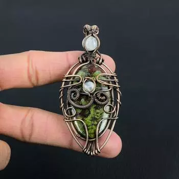 Драконья кровь, яшма и лунный камень, драгоценные камни, ювелирные изделия ручной работы, подвеска из чистой медной проволоки 2.56 Inches зелёный