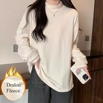 Dralon Harajuku Women Casual T-Shirt Full Sleeves Solid Color Half High Neck Bottom Loose Shirt Warm Long Sleeved Basic Top