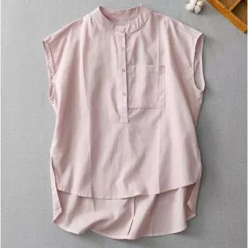 Драпированная футболка весна-лето винтаж свободный воротник стойка хлопковая льняная блузка шикарный топ без рукавов для женщин L белый