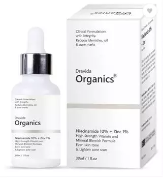 Dravida Organics Ниацинамид 10% + Цинк Очищающая сыворотка для лица (для удаления пятен, шрамов от угревой сыпи или пятен, сужения пор и балансировки жирности 30 мл