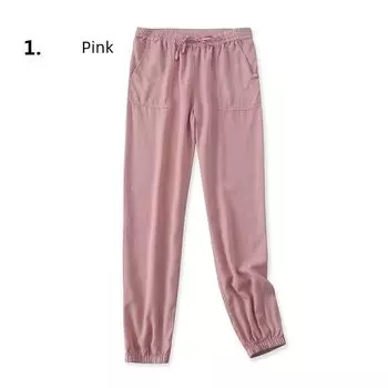 Drawstring All-Match Washed Cotton Elastic High Waist Casual Pants Pink(A- 16-2-2) S
