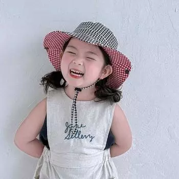 Drawstring Boys Girls Bucket Cap Double Sided Baby Sun Hat Mountaineering Cap синий