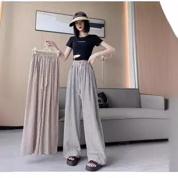 Drawstring Ice Silk Wide Leg Pants Loose Striped Yamamoto Pants Comfortable Lady L чёрный