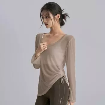 Drawstring Stylish Loose Exercise Blouse Women s Yoga Clothes Quick-Drying Flab Hiding T-shirt Pilates Running Long Sleeve Tops Khakis Brown M