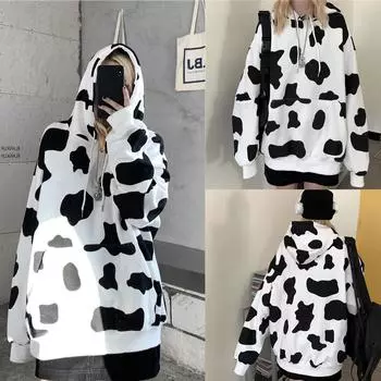 DRE Женский пуловер с принтом коровы, толстовка с капюшоном и длинными рукавами, милая блузка XXL белый