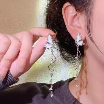 [Dream Butterfly] Длинные серьги-кисточки с голубой глазурью - игла из серебра 925 пробы, элегантный дизайн в стиле феи E6102 серебряный