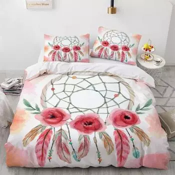 Dream Catcher Duvet Cover Set Colourful Feather Red Flower Romantic Theme Comforter Cover King Full Size for Kid with Pillowcase 70x133cm 2pcs
