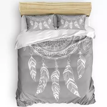 Dream Catcher Grey Feather Retro Art 3pcs Bedding Set For Bedroom Double Bed Home Textile Duvet Cover Quilt Cover Pillowcase EU single(135x200cm)