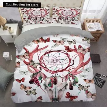 Dreamcatcher Elk King Queen Duvet Cover Bohemian Style Butterfly Bedding Set for Teens Girls Women Goat White 2/3pcs Quilt Cover EU single(135x200cm)
