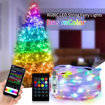 Dreamcolor Fairy Christmas Lights Светодиодная струнная музыка WS2812B RGBIC Адресное управление через приложение Bluetooth Гирлянда Вечерние Свадебные украшения Открытый USB DC5V 3m
