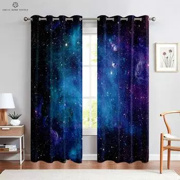 Dreamy Starry Sky Window Curtains, Beautiful Scenery Pattern Printing, Limited Time Offer, Bedroom, Living Room Decoration W50xH130(CM)x2PCS&Rod pocket