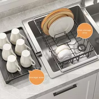 Дренажная полка для кухонной посуды Выдвижной держатель для хопластика из нержавеющей стали со сливным туннелем Водонепроницаемая чаша Тарелка Органайзер для сушки посуды чёрный