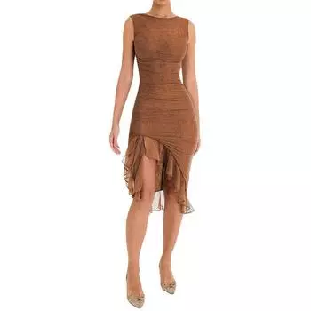Dress2023 Summer round Neck Sleeveless Dress Fashion Hot Sale Sexy Tight Open Back Ruched Midi Dress Brown L