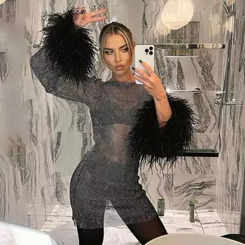 Dress Fashion Women s New Fashion Sexy Long Horn Sleeve Skirt Burr Thin and Glittering Mesh See-through Dress Black S