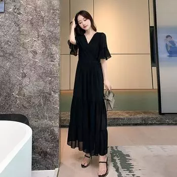 Dress Women s Summer New Chiffon Black Long Feet Nude Skirt French Classy Temperament plus Size Plus Size Ladies Long Skirt Black L