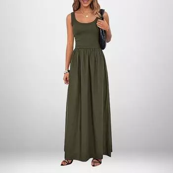 dresses for women Fashion Sundress Casual Sleeveless long dresses Patchwork Knit Racerback Flowy Dress 2XL армия зеленый