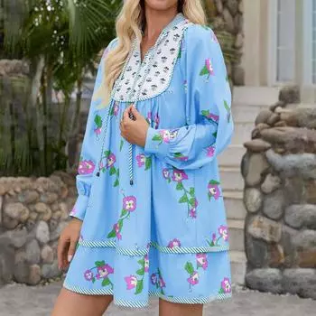 Dresses For Women Loose V Neck A-Line Casual Long Sleeve Dress L