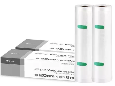 dretec Вакуумная упаковка Вакуумная упаковка Специальный набор рулонов Ширина 20 см x Длина Толщина Прозрачная машина, Пакет, Пакет, 2, Пленка, 8 м, 0,26 мм,