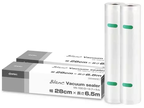 Dretec Вакуумная упаковка Вакуумная упаковка Специальный набор рулонов Ширина 28 см x Длина Толщина Прозрачная машина, Пакет, Пакет, 2, Пленка, 6,5 м, 0,26 мм,
