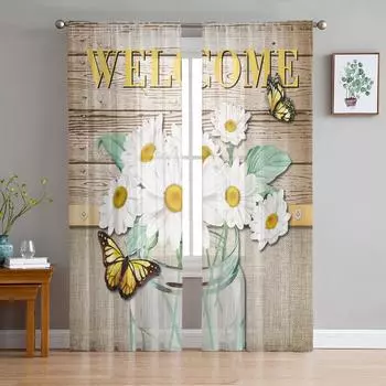 Древесина зерна маргаритки бабочка занавеска для гостиной прозрачный тюль занавески окна прозрачные для спальни аксессуары декор W135 x H114cm