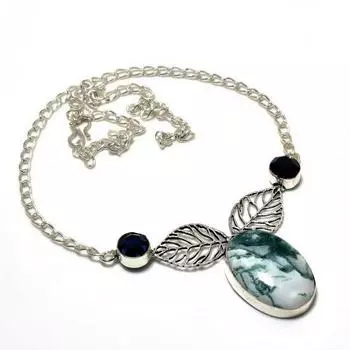 Древесный агат, голубой топаз, драгоценный камень 925, посеребренное ювелирное ожерелье, 18 дюймов 18 белый