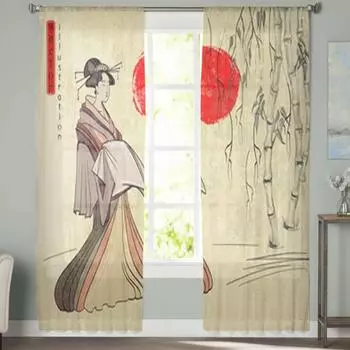 Древние японские прозрачные шторы «Гейша», вуаль для спальни, занавеска для гостиной, окна, прозрачные шторы для кухни, тюлевые шторы 135W x 114H(cm)