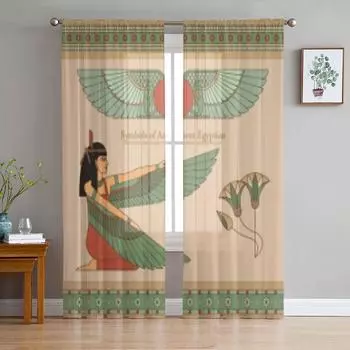 Древний Египет Женщина с крыльями Роскошные шифоновые прозрачные шторы для гостиной Спальня Украшение окна Вуали Тюлевая занавеска 135W x 114H(cm)