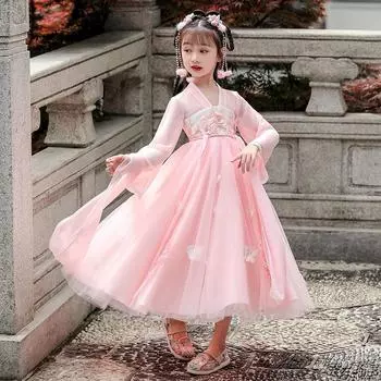 Древний костюм ханьфу для девочек, детское платье для маленьких девочек в китайском стиле, платье Тан, юбка принцессы, национальный костюм, детский S розовый