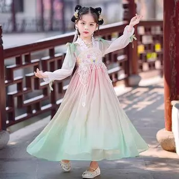Древний костюм ханьфу для девочек, детское платье для маленьких девочек в китайском стиле, платье Тан, юбка принцессы, национальный костюм, детский S розовый