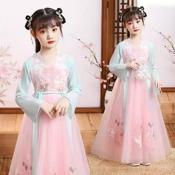 Древний костюм ханьфу для девочек, детское платье для маленьких девочек в китайском стиле, платье Тан, юбка принцессы, национальный костюм, детский S розовый